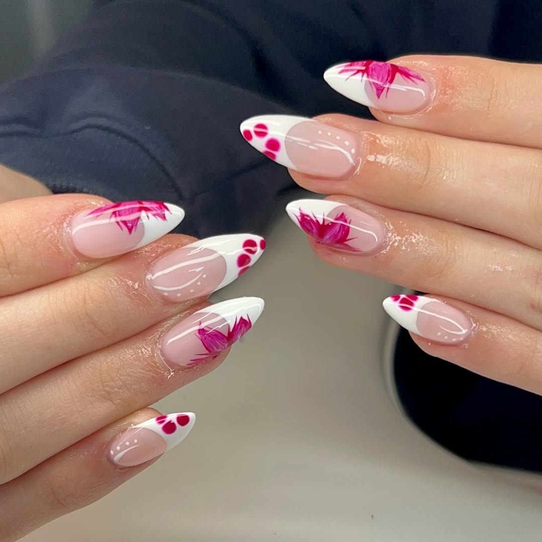 Hot Pink Floral And Polka Dot Almond French Tips