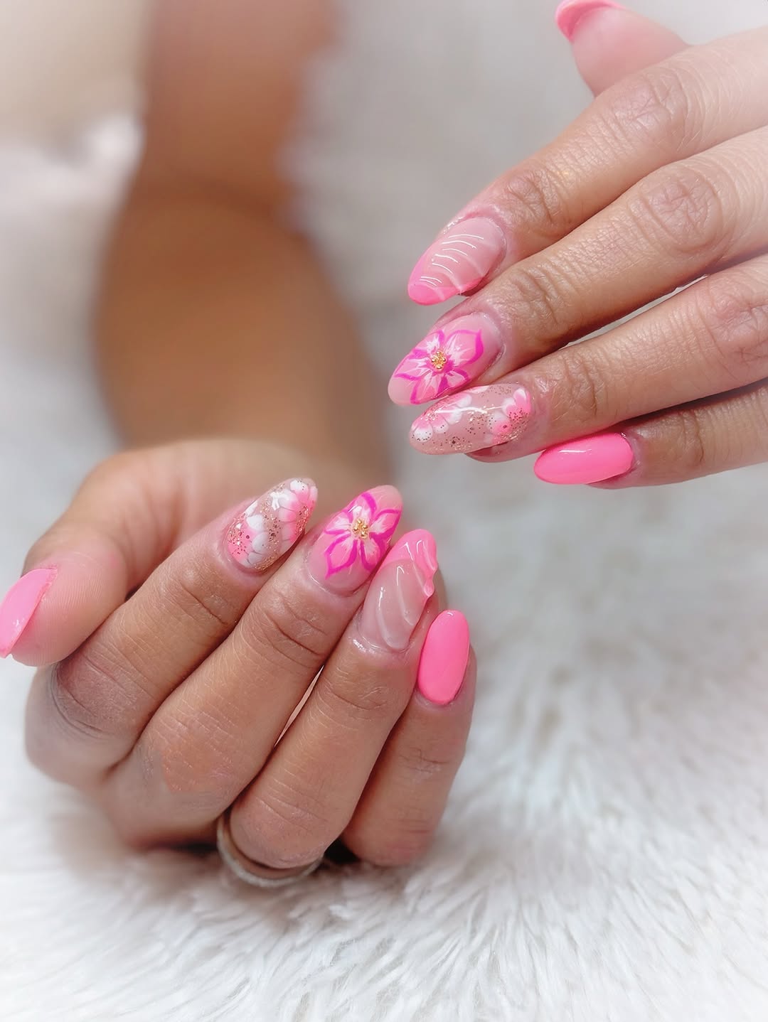 Hot Pink Floral Swirl Glitter Almond Nails