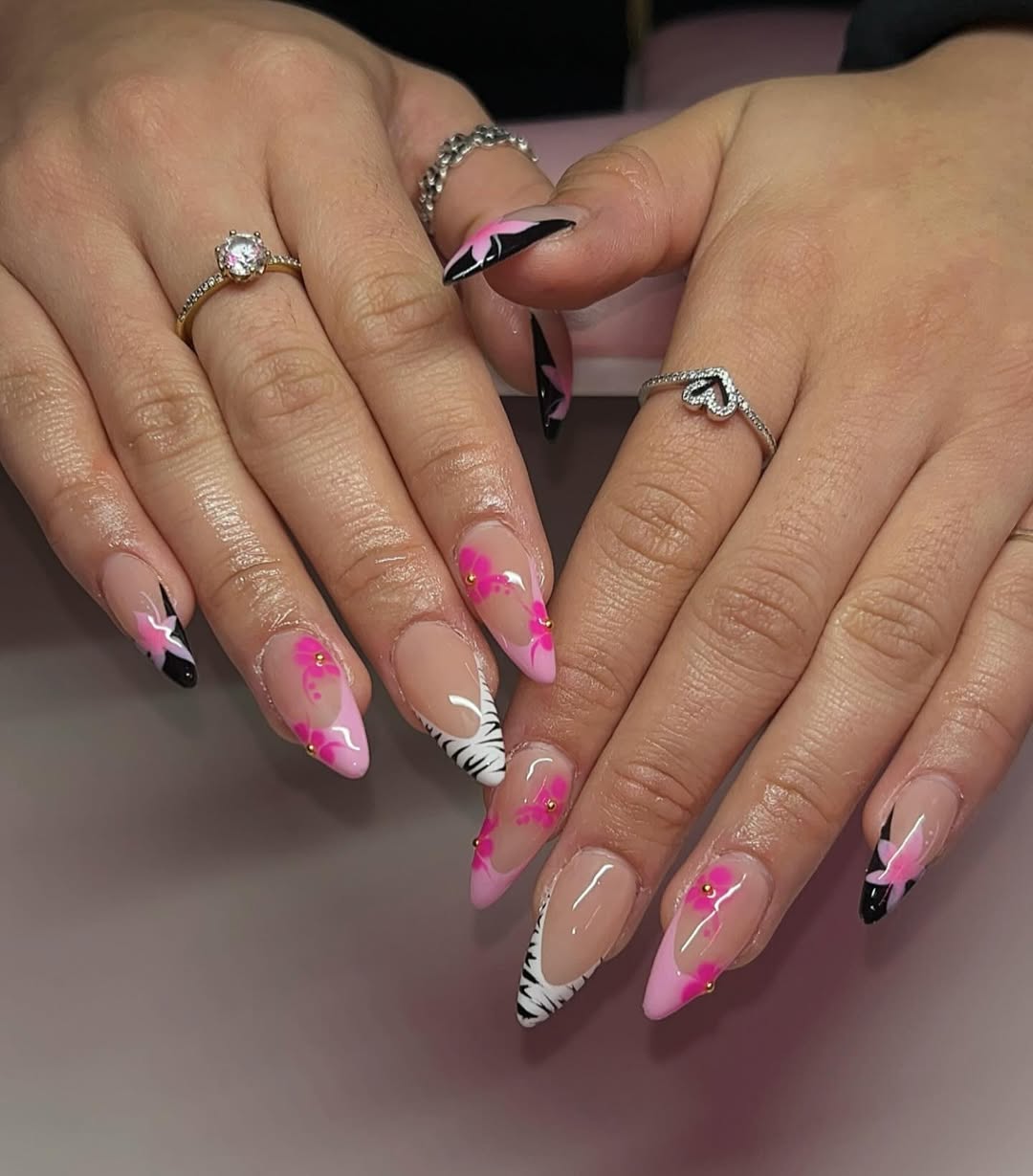 Hot Pink Floral Zebra Stiletto Nail Art