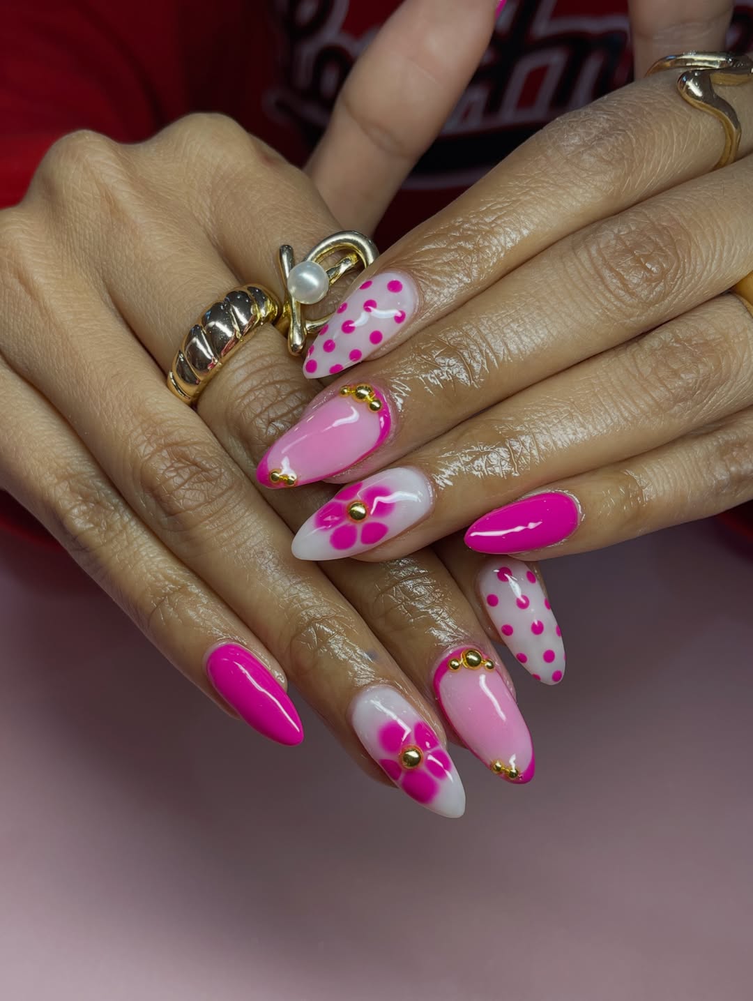 Hot Pink Flower Polka Dot Almond Nails with Gold Details