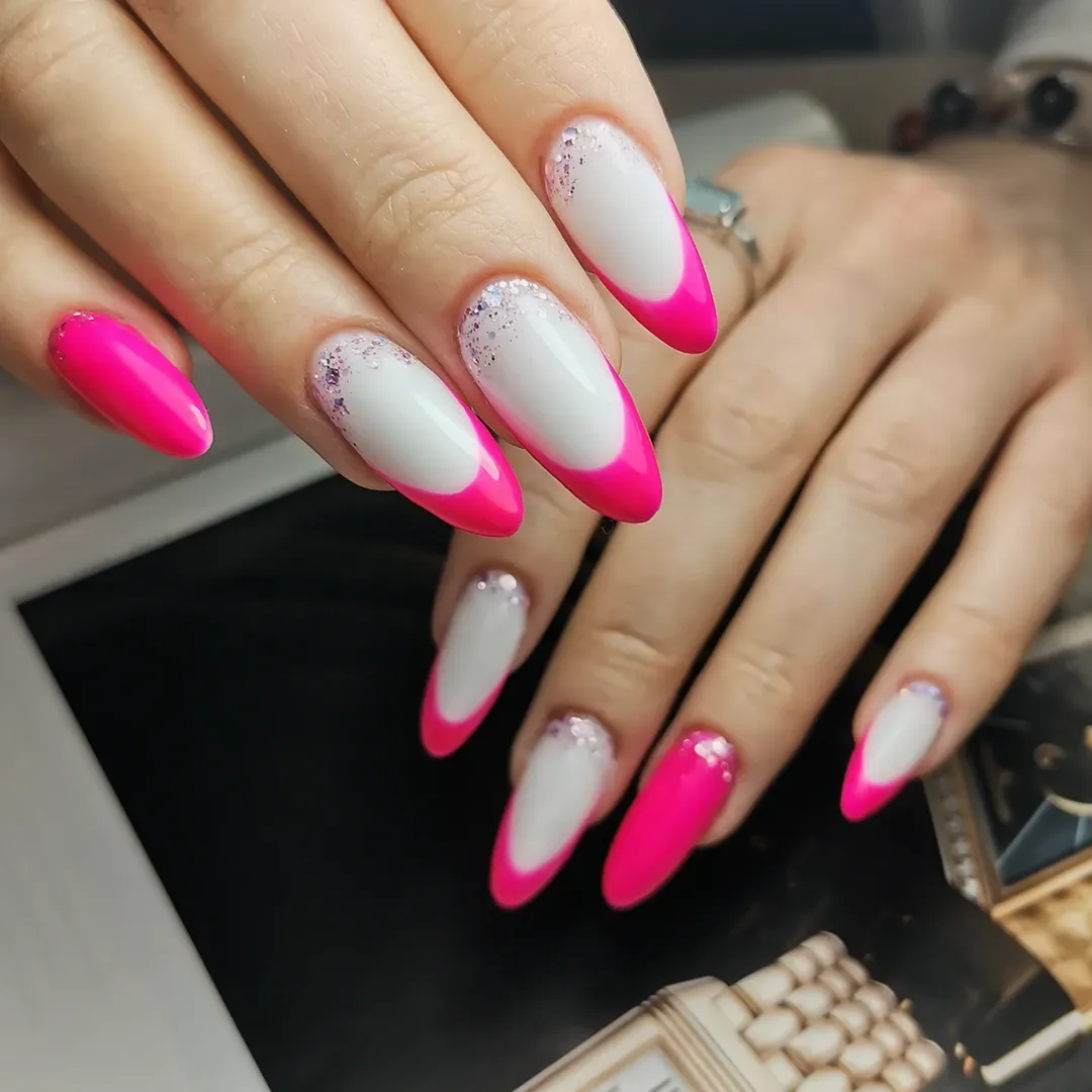 Hot Pink French Glitter Accented Almond Nails