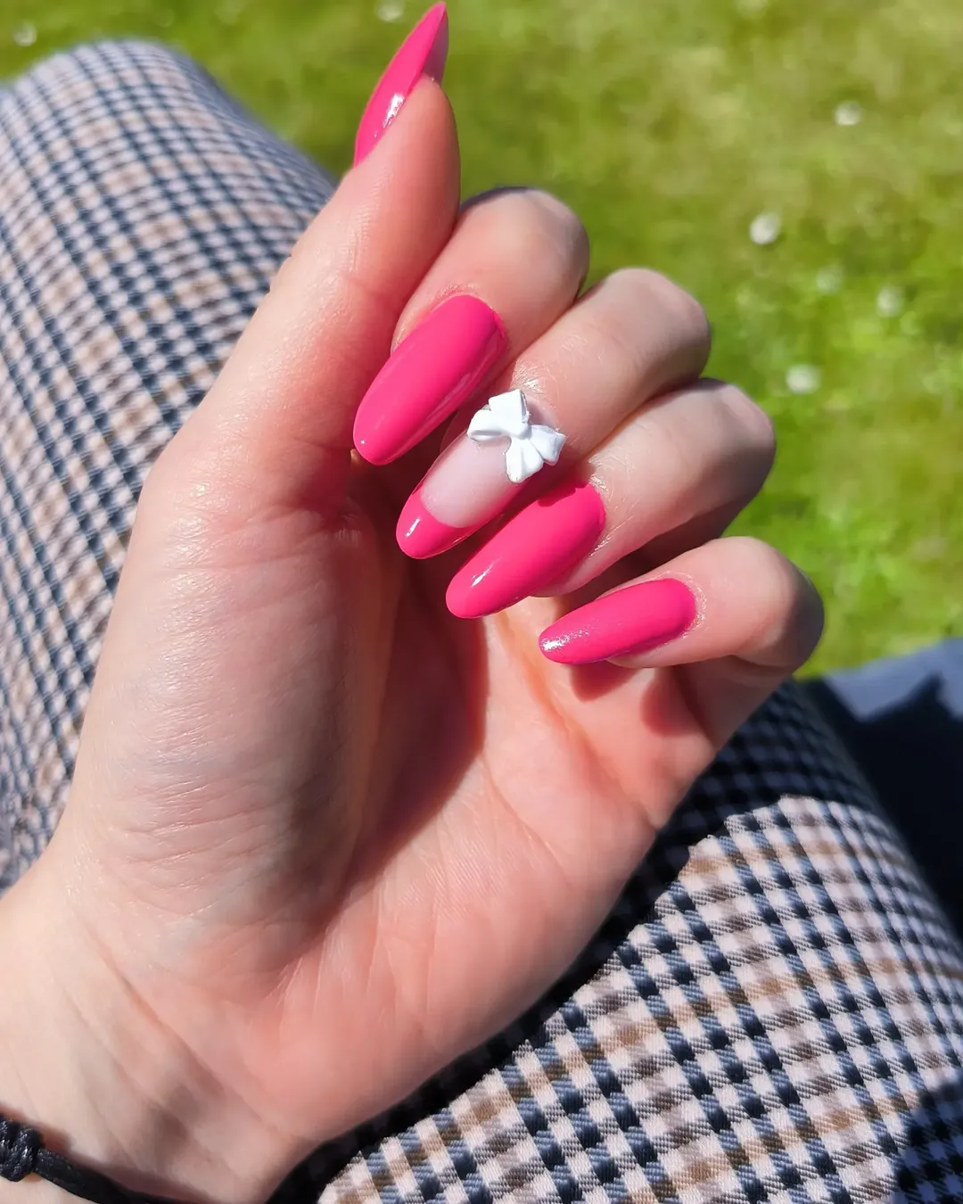 Hot Pink French Tips with 3D White Bow