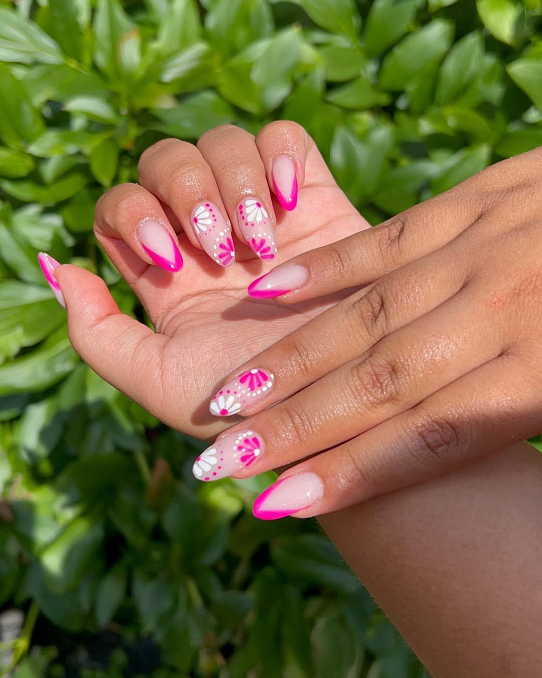 Hot Pink French Tips with Daisy Floral Accents