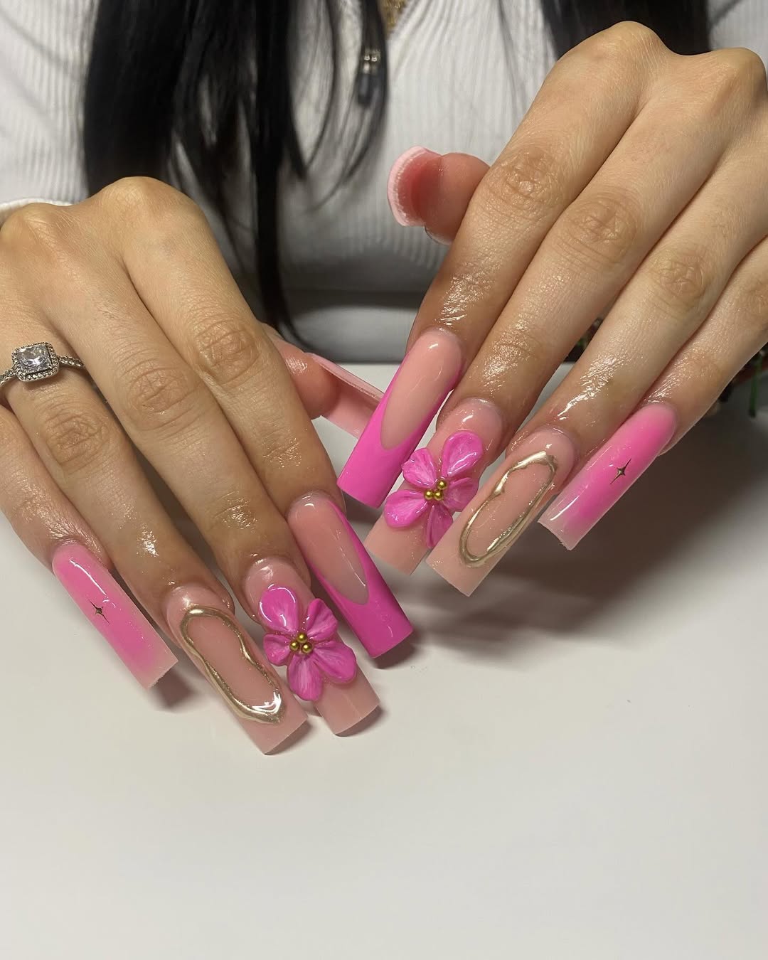 Hot Pink French Tips With Gold Swirls and 3D Flowers
