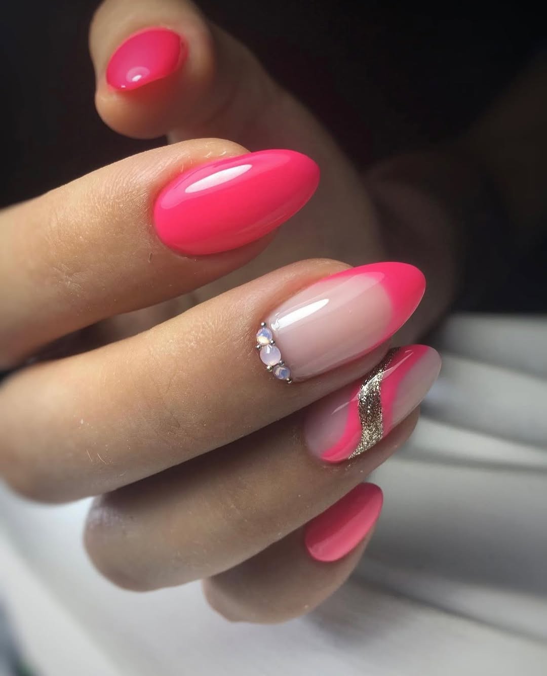 Hot Pink French Tips with Opal and Glitter Art