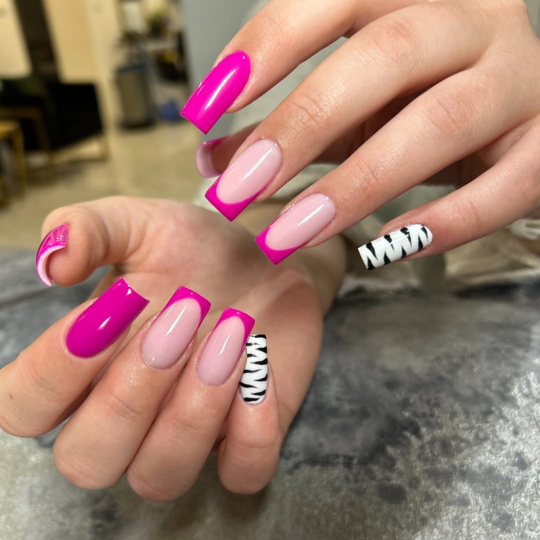Hot Pink French Tips with Zebra Accent Coffin Nails