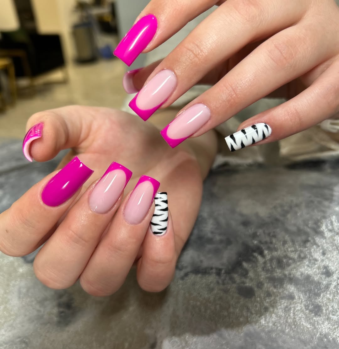 Hot Pink French Tips With Zebra Print Accents