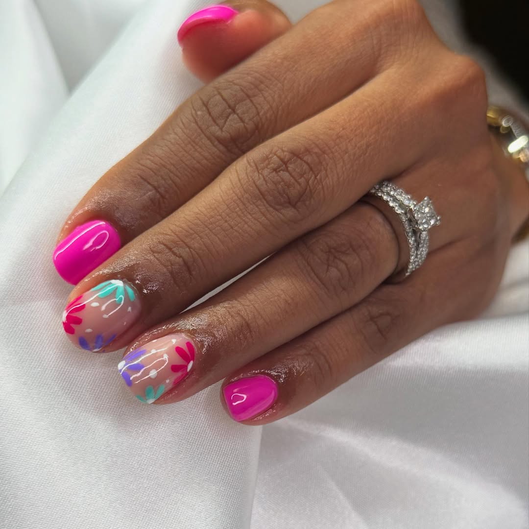 Hot Pink Gel Nails With Floral Accents