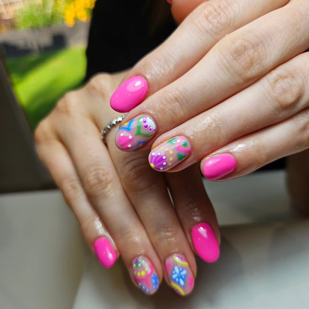 Hot Pink Gel With Whimsical Floral Abstract Accents