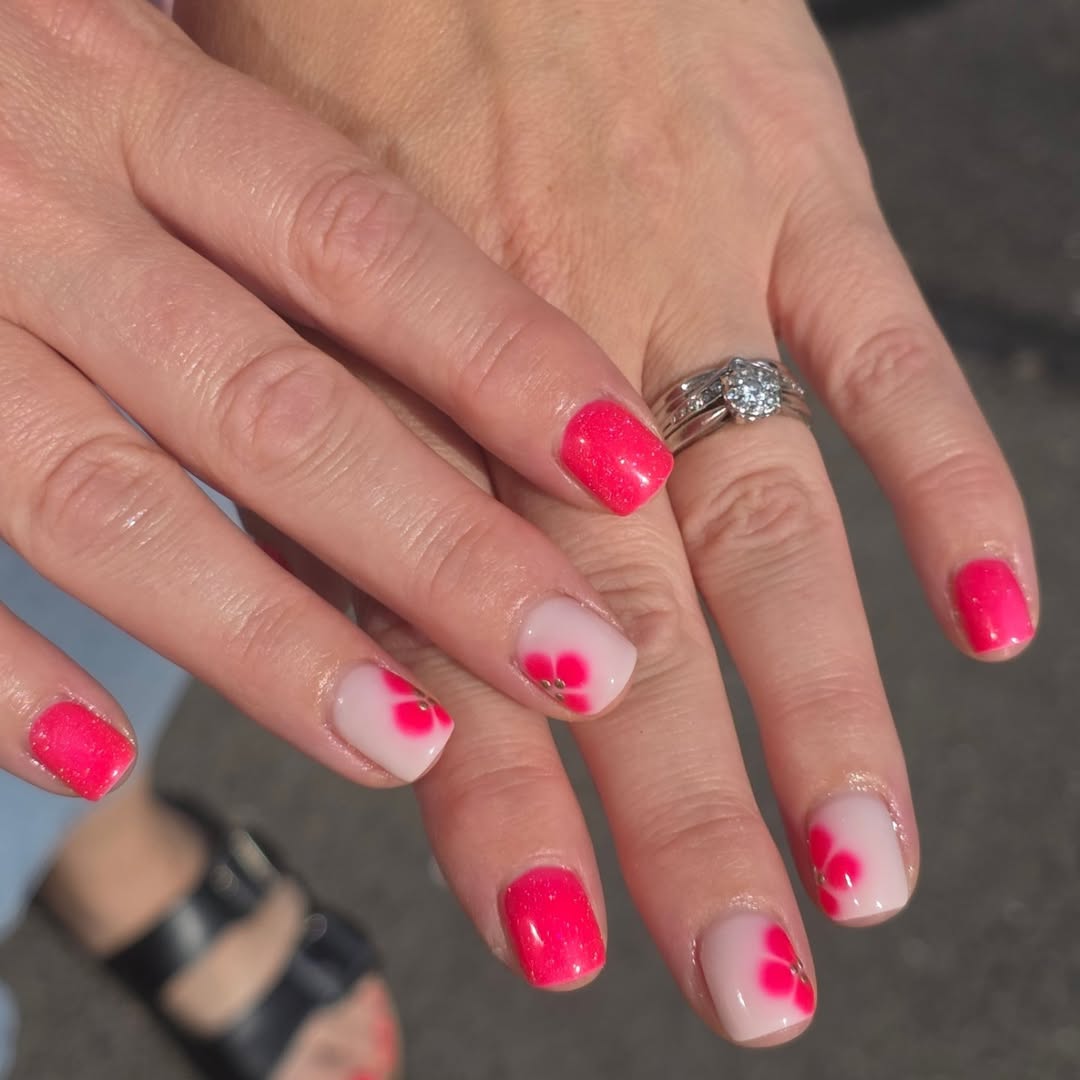 Hot Pink Glitter Flowers with Nude Base