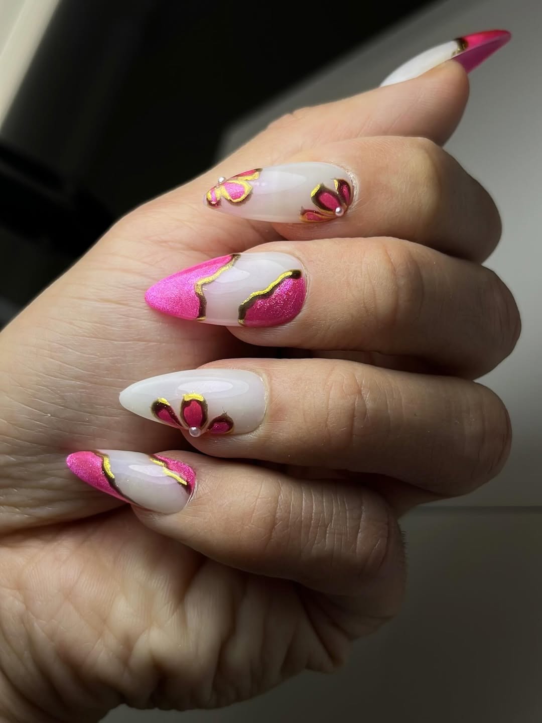 Hot Pink Glitter Wave Gold Outline Almond Nails