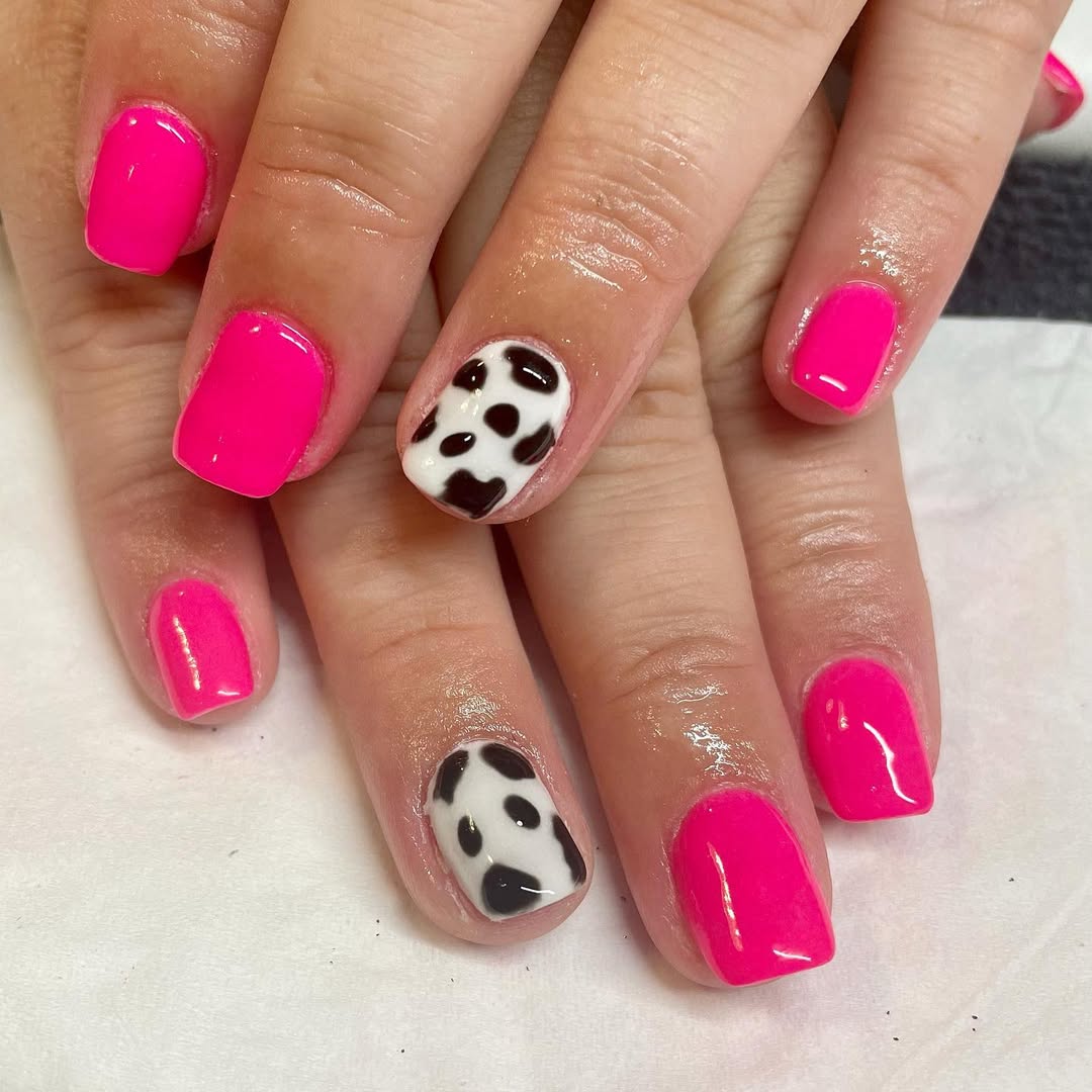 Hot Pink Glossy Cow Print Accent Nails