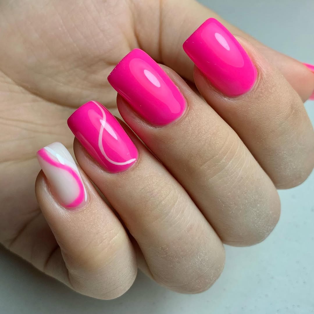 Hot Pink Glossy Swirl Art Square Nails