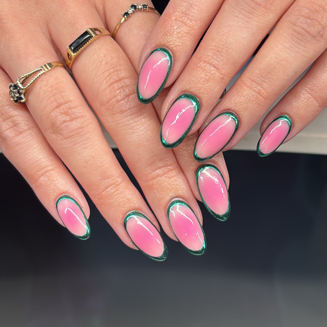 Hot Pink Jelly Nails With Metallic Green Outline
