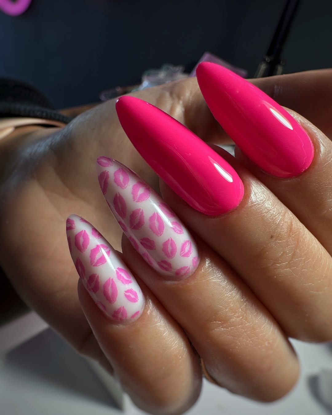 Hot Pink Kiss Print Stiletto Nails