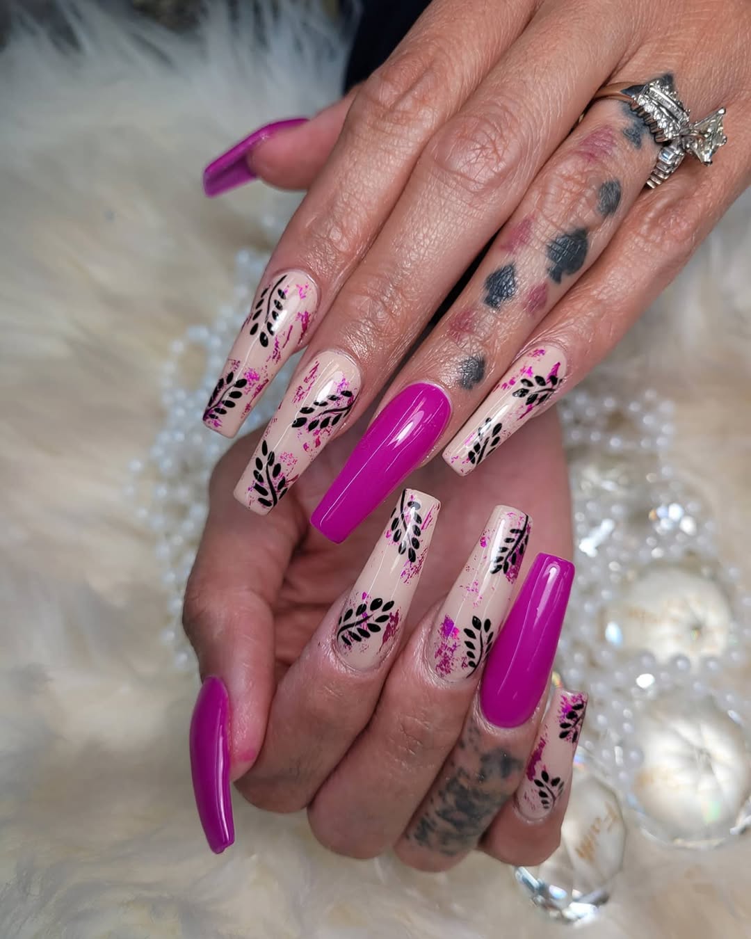 Hot Pink & Leaf Art Coffin Nails