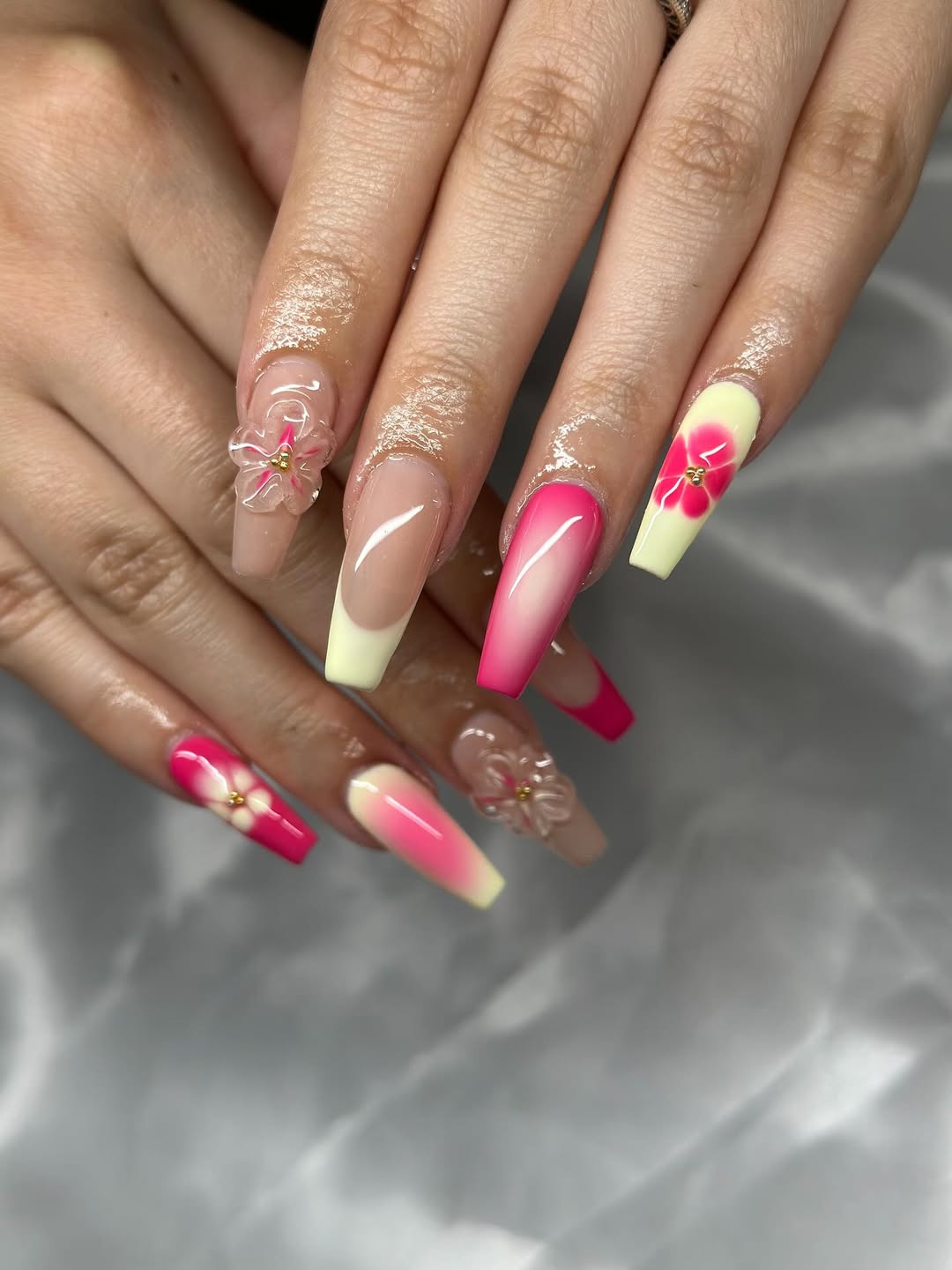 Hot Pink Lemonade Coffin Ombre with 3D Flowers
