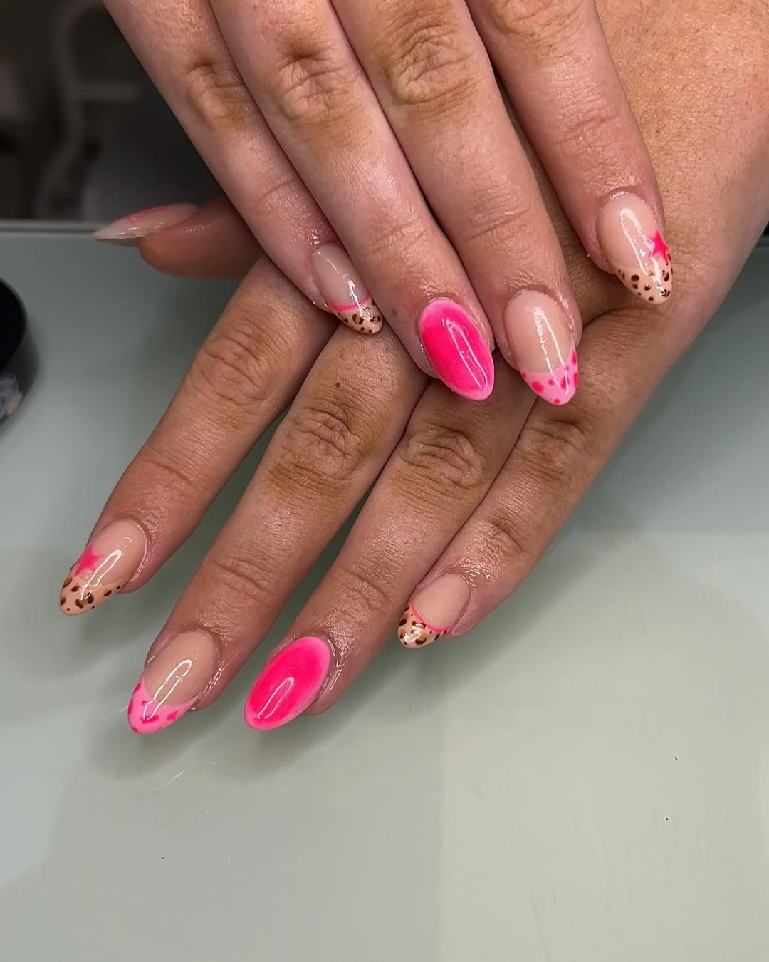 Hot Pink Leopard Print Almond French Tips