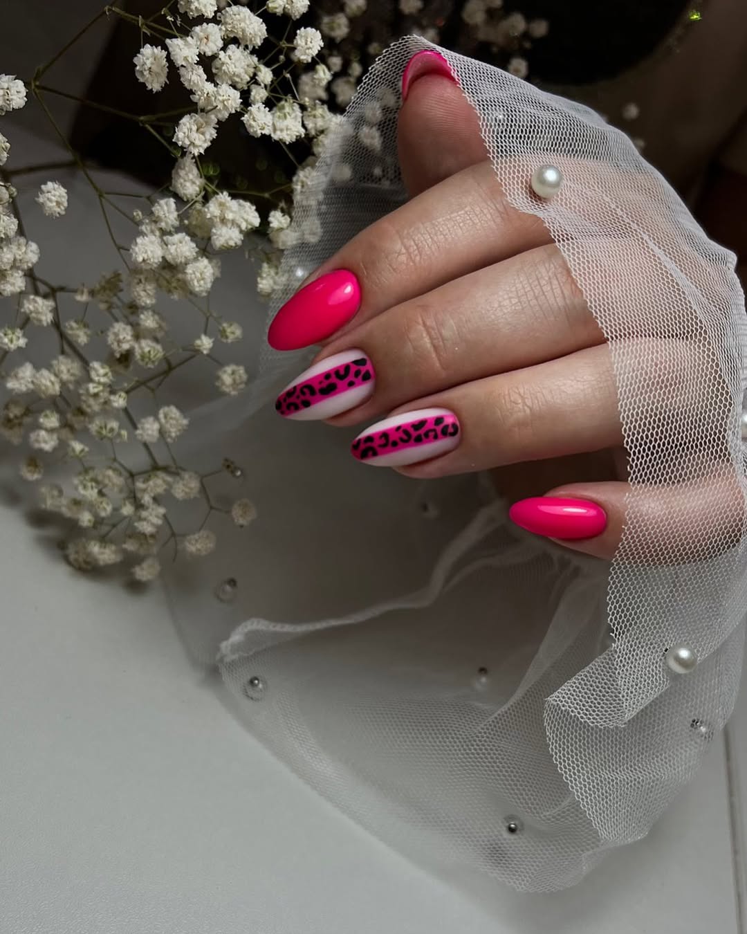 Hot Pink Leopard Print Almond Nails