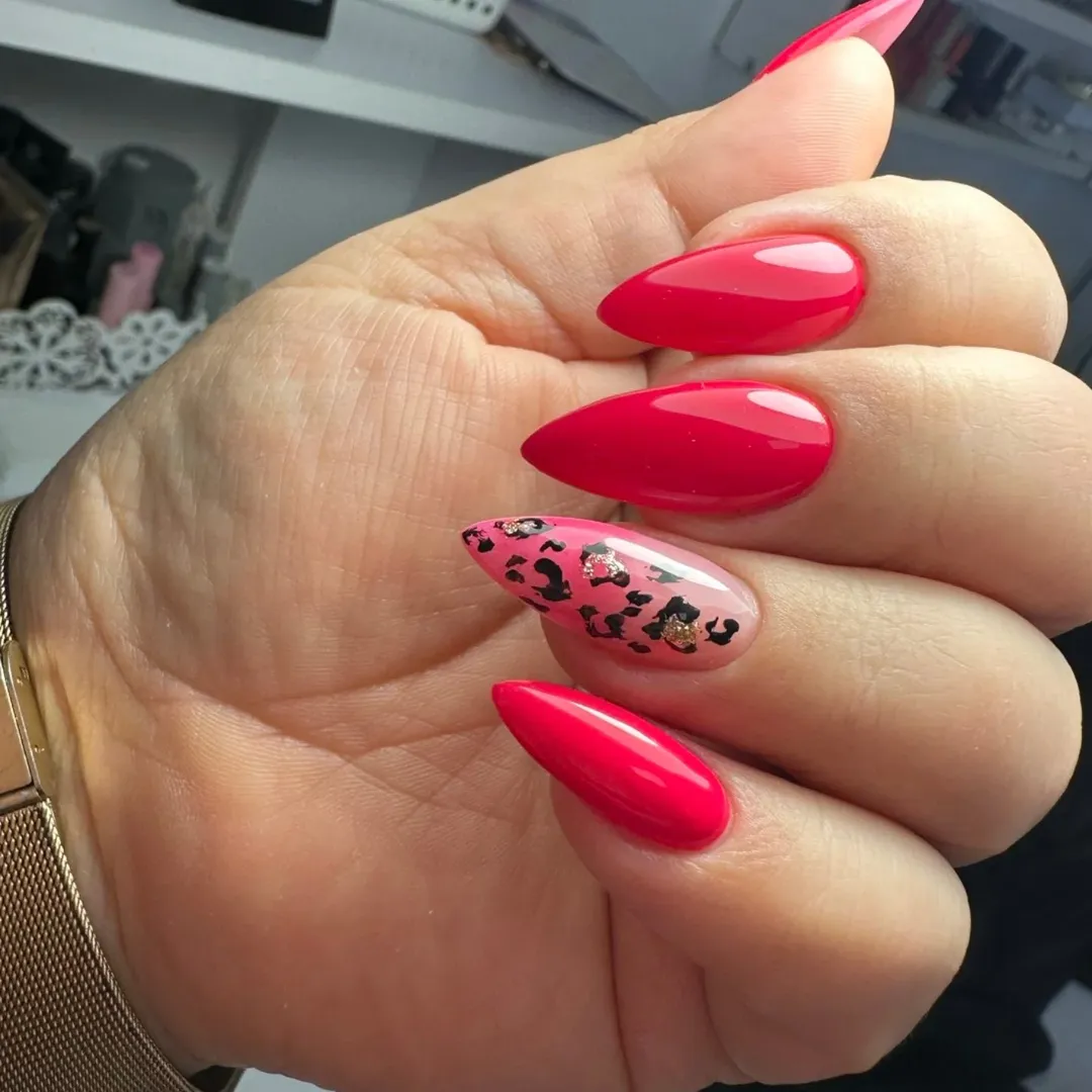 Hot Pink Leopard Print Stiletto Nails Gold Accents