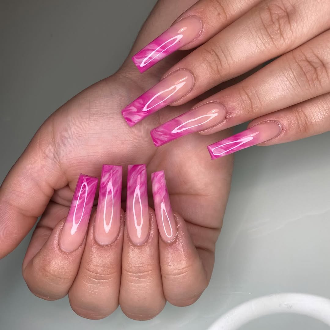 Hot Pink Marble Swirl Coffin Ombre Nails