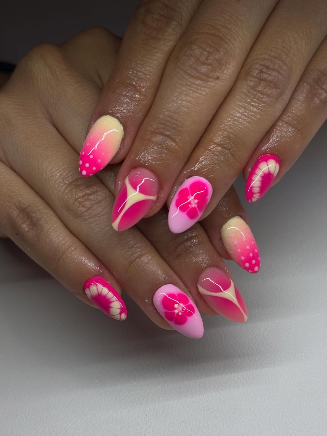 Hot Pink Neon Swirl Summer Almond Nails