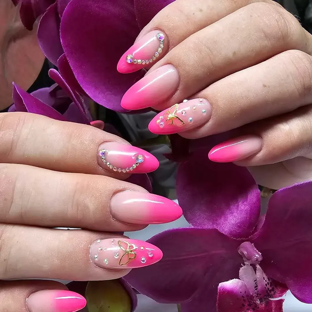 Hot Pink Ombre Almond Nails with Butterfly Charms