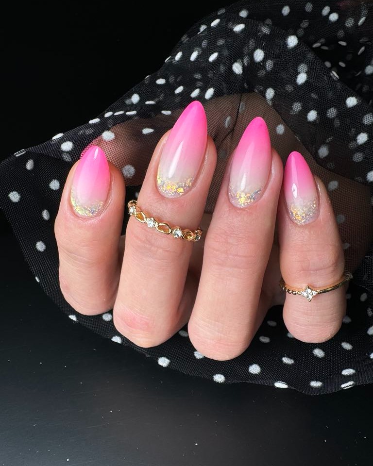 Hot Pink Ombre Almond Nails with Glitter Cuticle