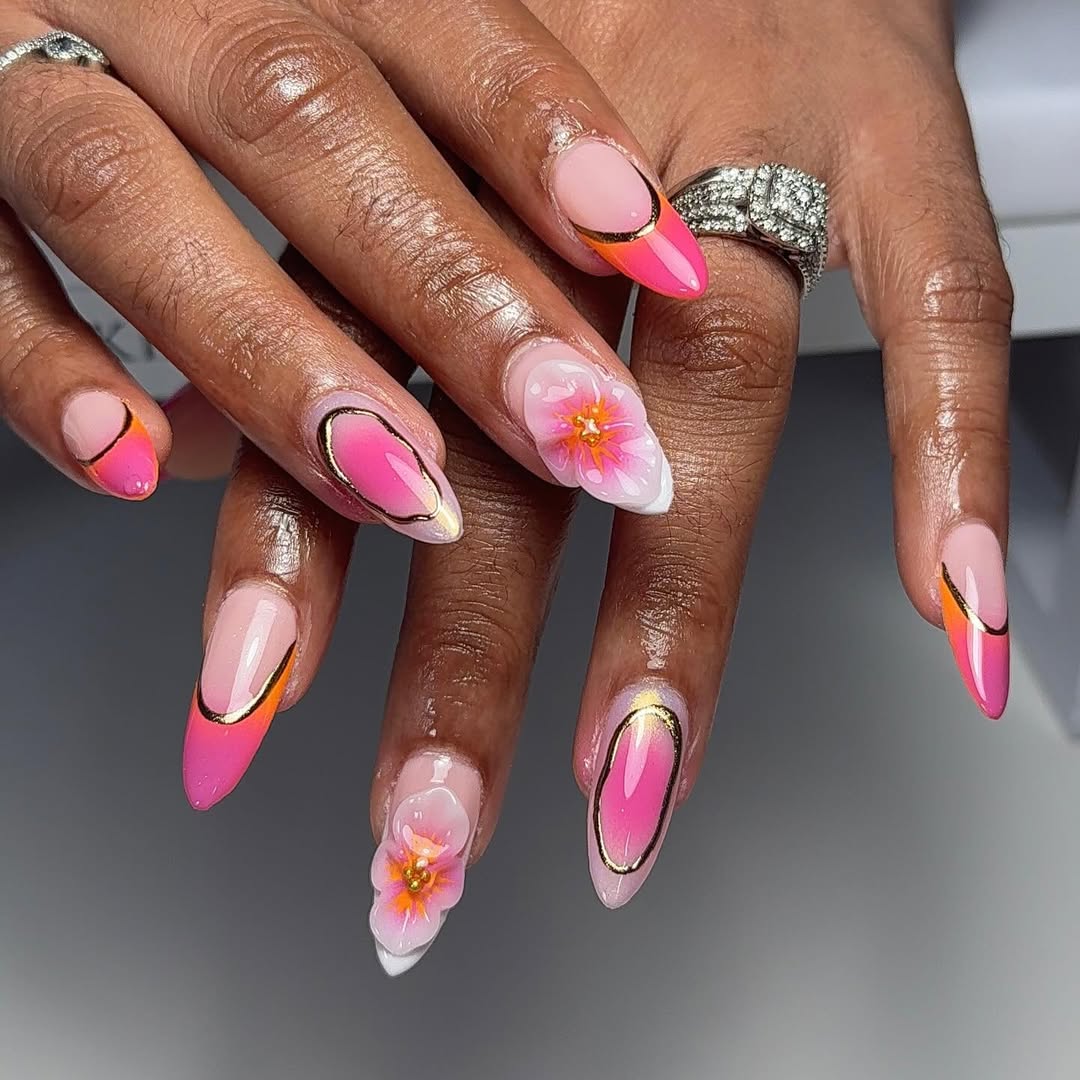 Hot Pink Ombre Gold Outline 3D Floral Stiletto