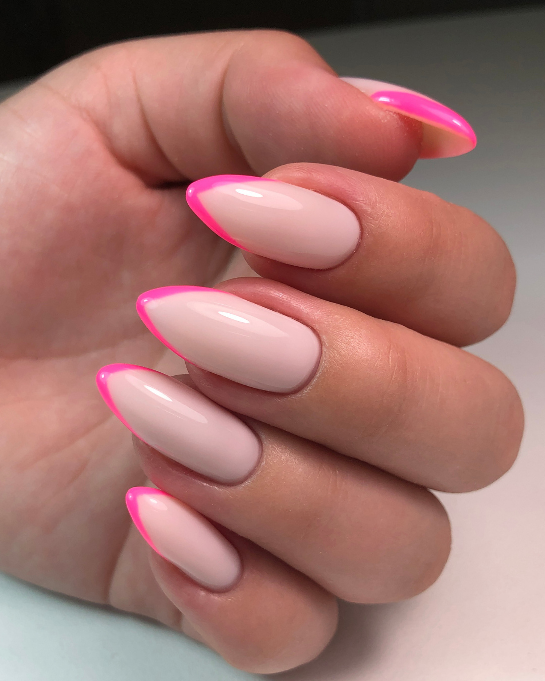 Hot Pink Outline Almond French Tips