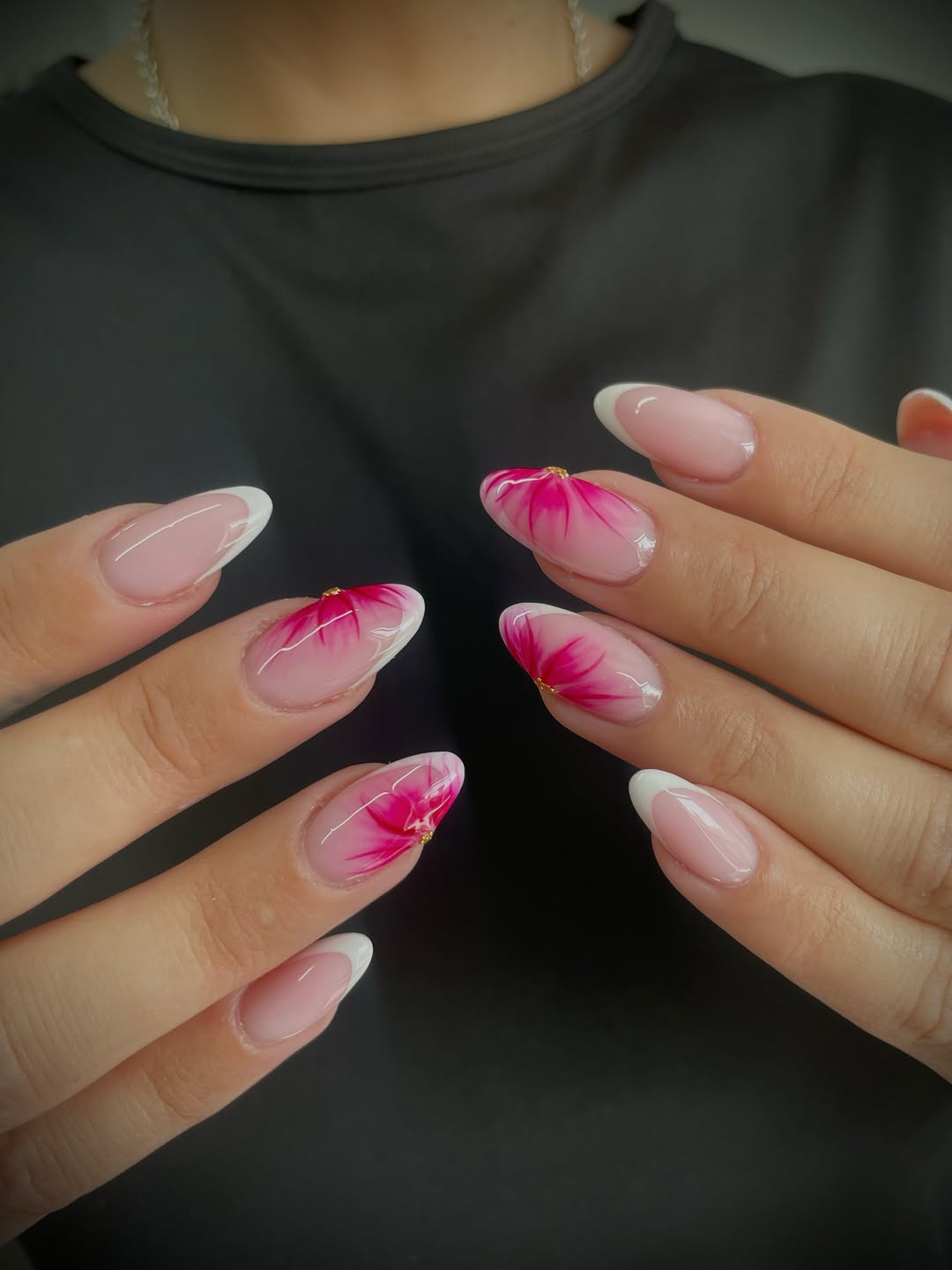 Hot Pink Petal French Tip Almond Nails