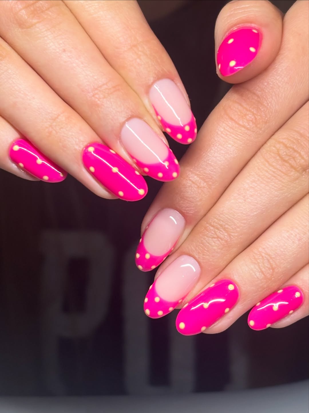 Hot Pink Polka Dot French Tip Oval Nails