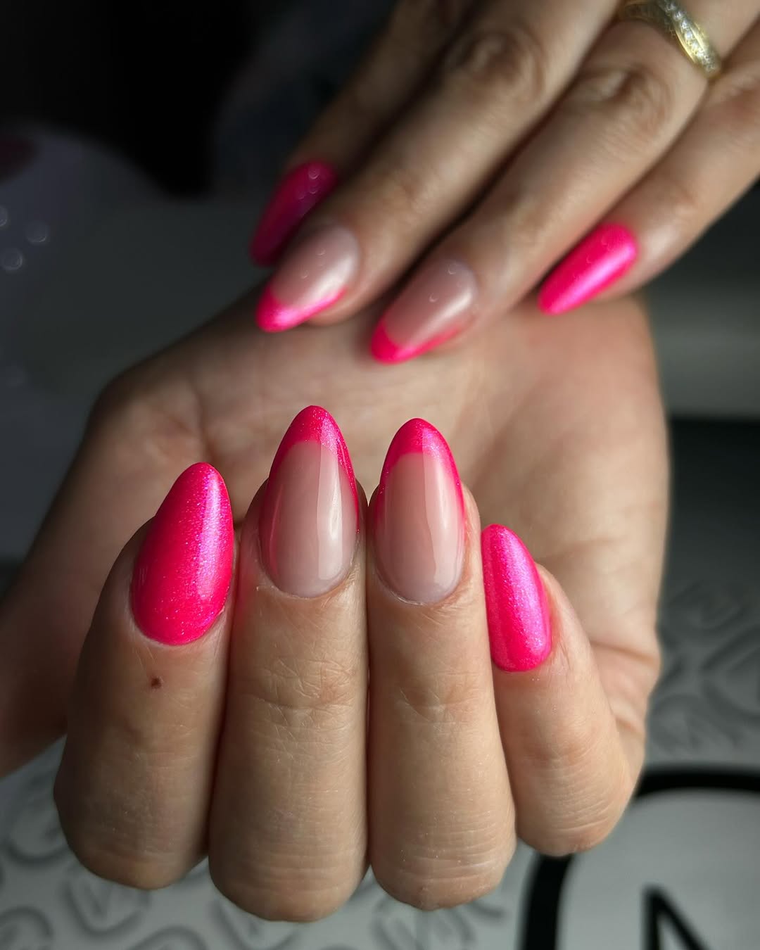 Hot Pink Shimmer Almond French Tips