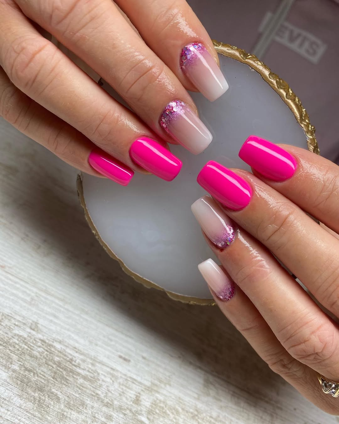 Hot Pink Solid and Glitter Ombré Coffin Nails