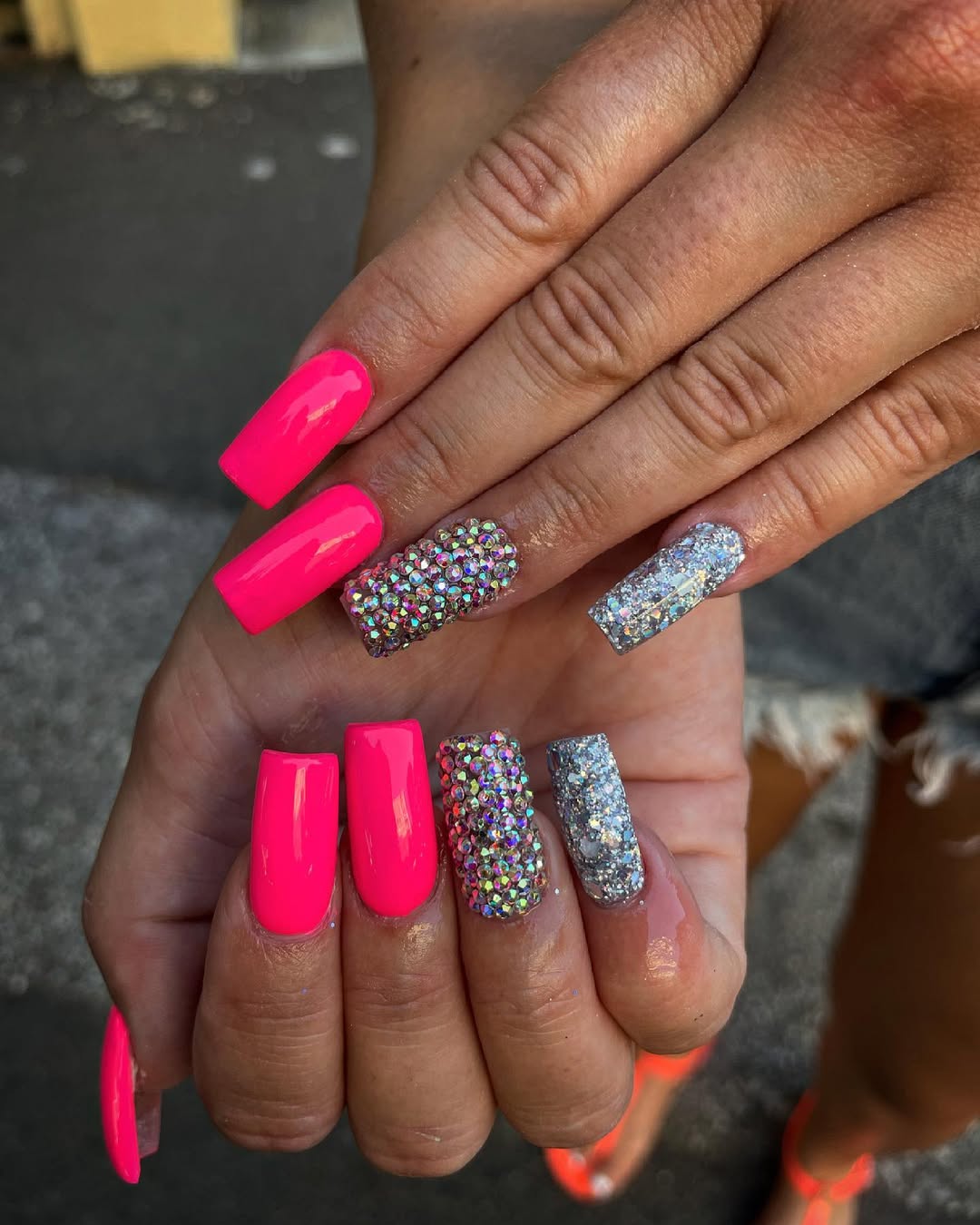 Hot Pink Square Extra-Long Rhinestone Glitter Mix