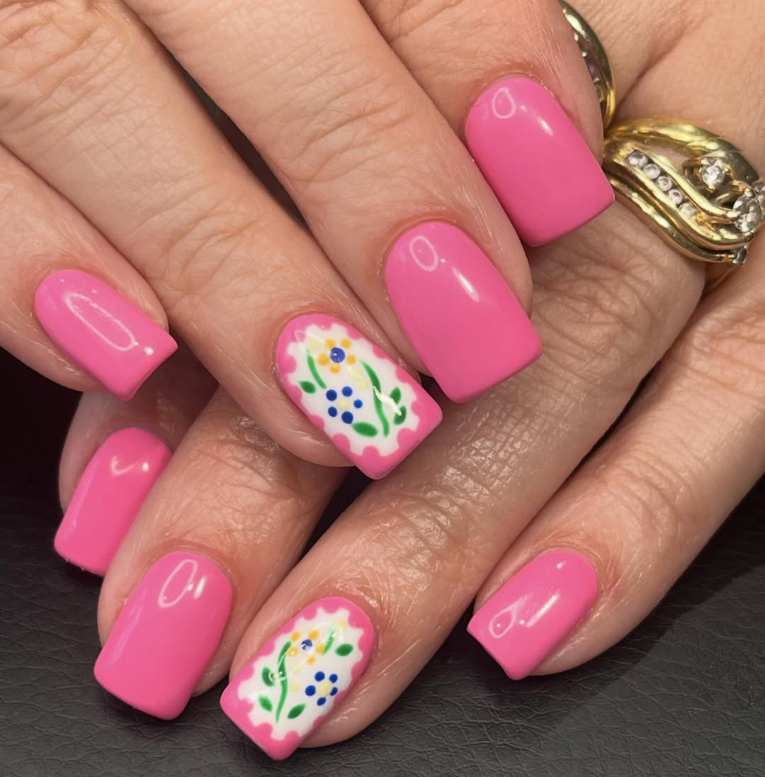 Hot Pink Square Floral Stamp Art Nails