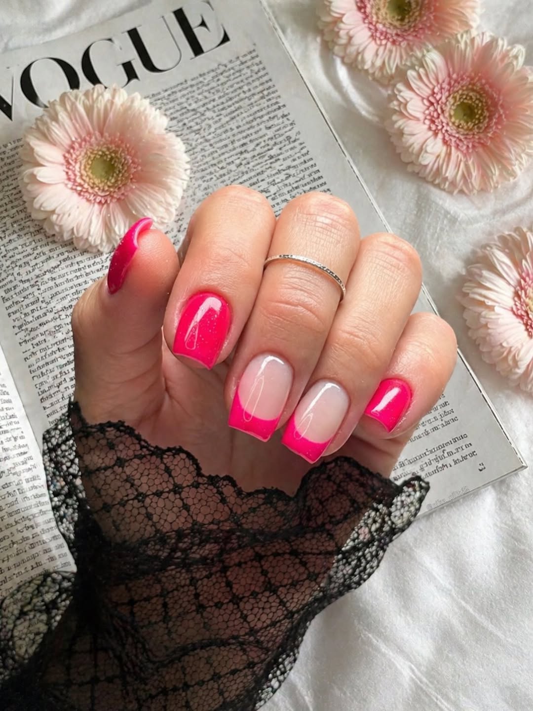 Hot Pink Square French Tips with Solid Accent