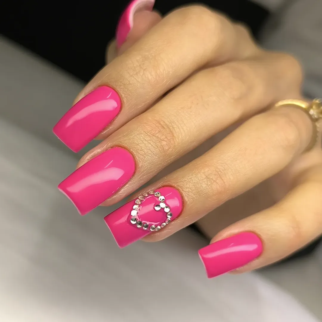Hot Pink Square Nails with Rhinestone Heart Accent
