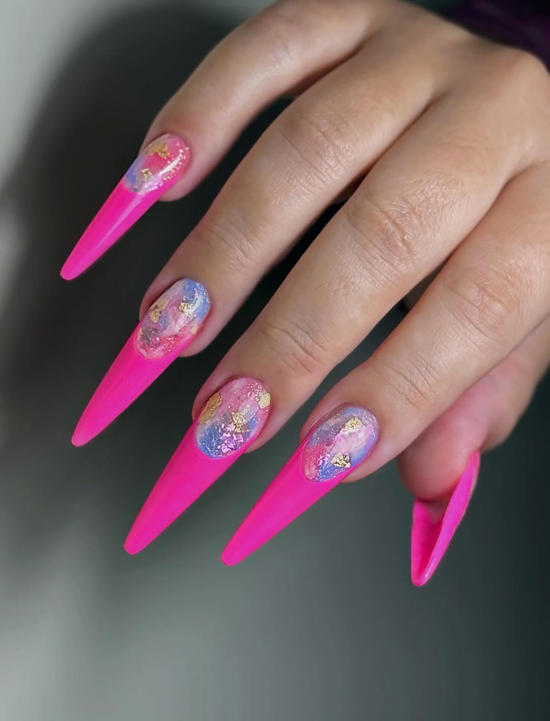 Hot Pink Stiletto Nails with Abstract Gold Foil Art