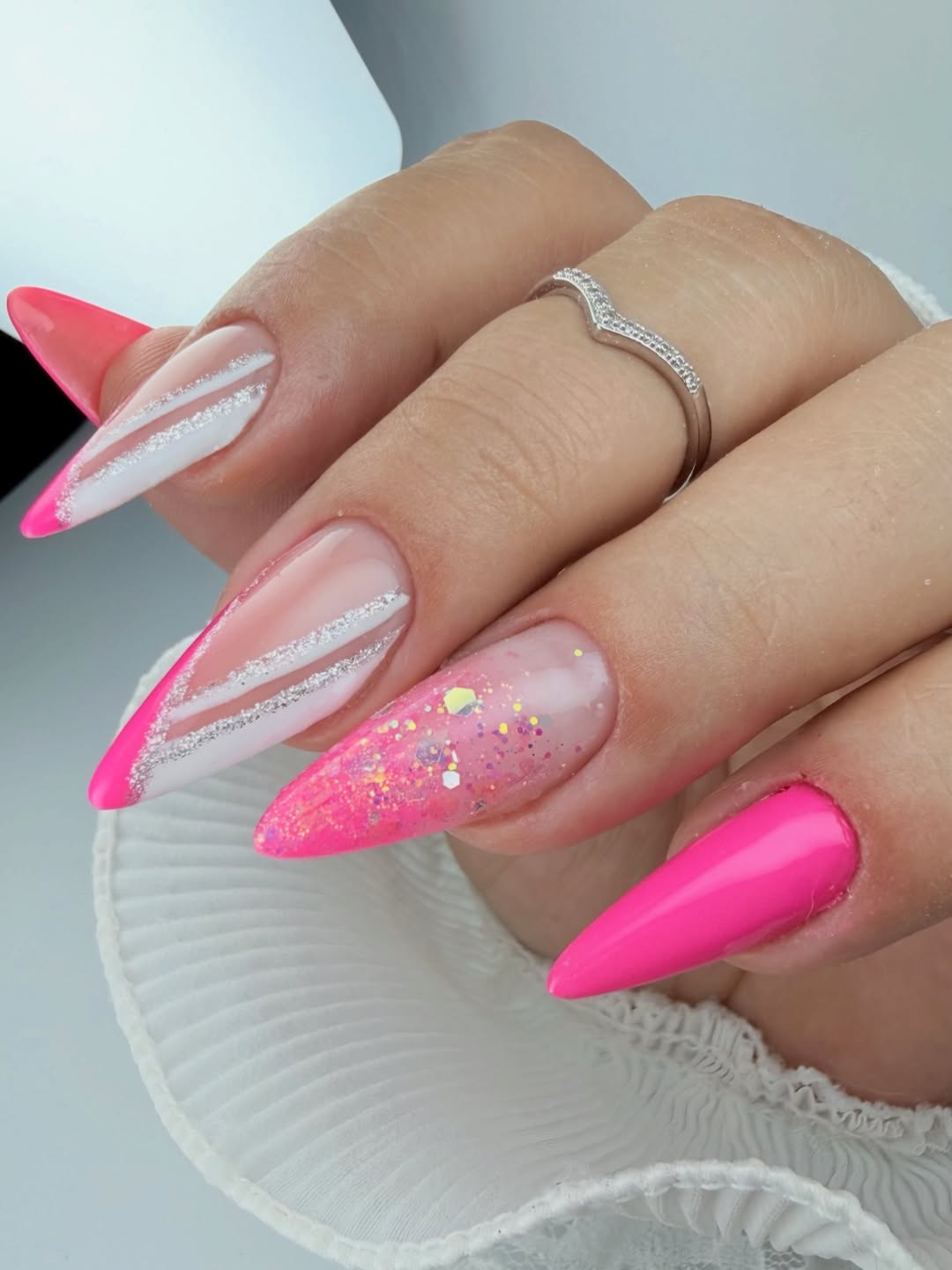 Hot Pink Stiletto Nails With Glitter and White Stripes