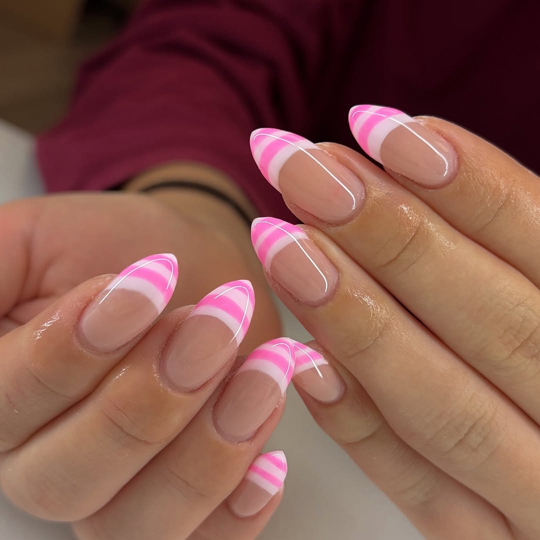 Hot Pink Striped French Tip Almond Nails