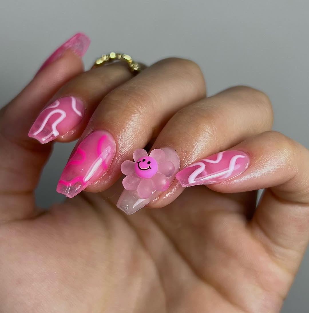 Hot Pink Swirl Coffin Nails with 3D Flower Charm