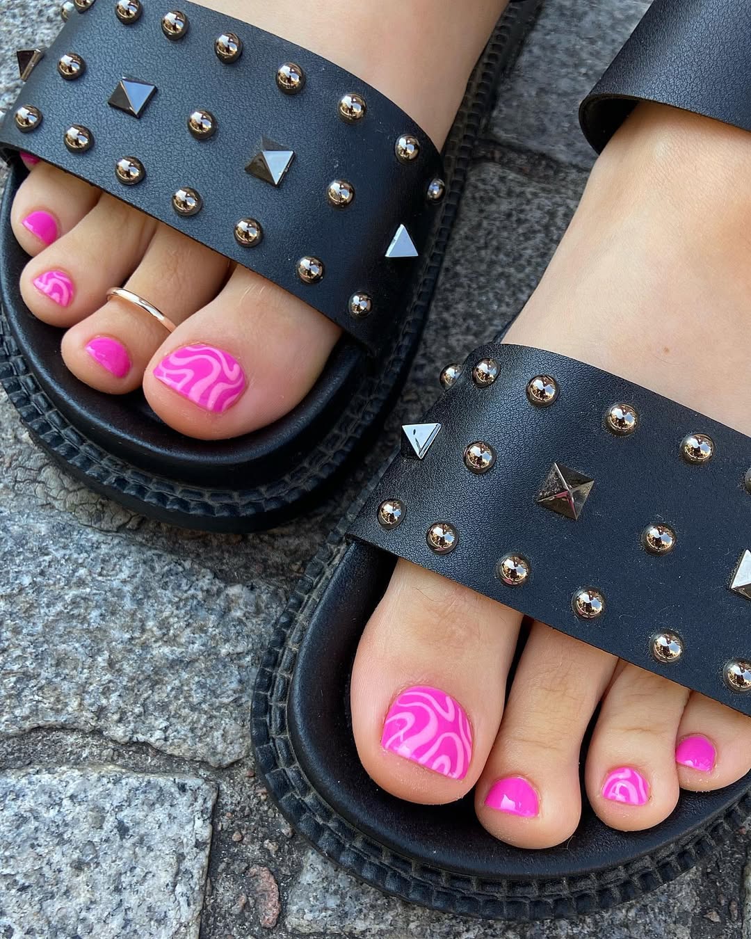 Hot Pink Swirl Pedicure with Solid Pink Accents