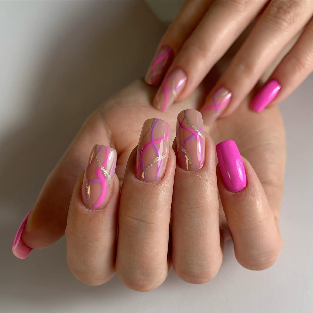 Hot Pink Swirls with Gold Linework Glossy Long Coffin
