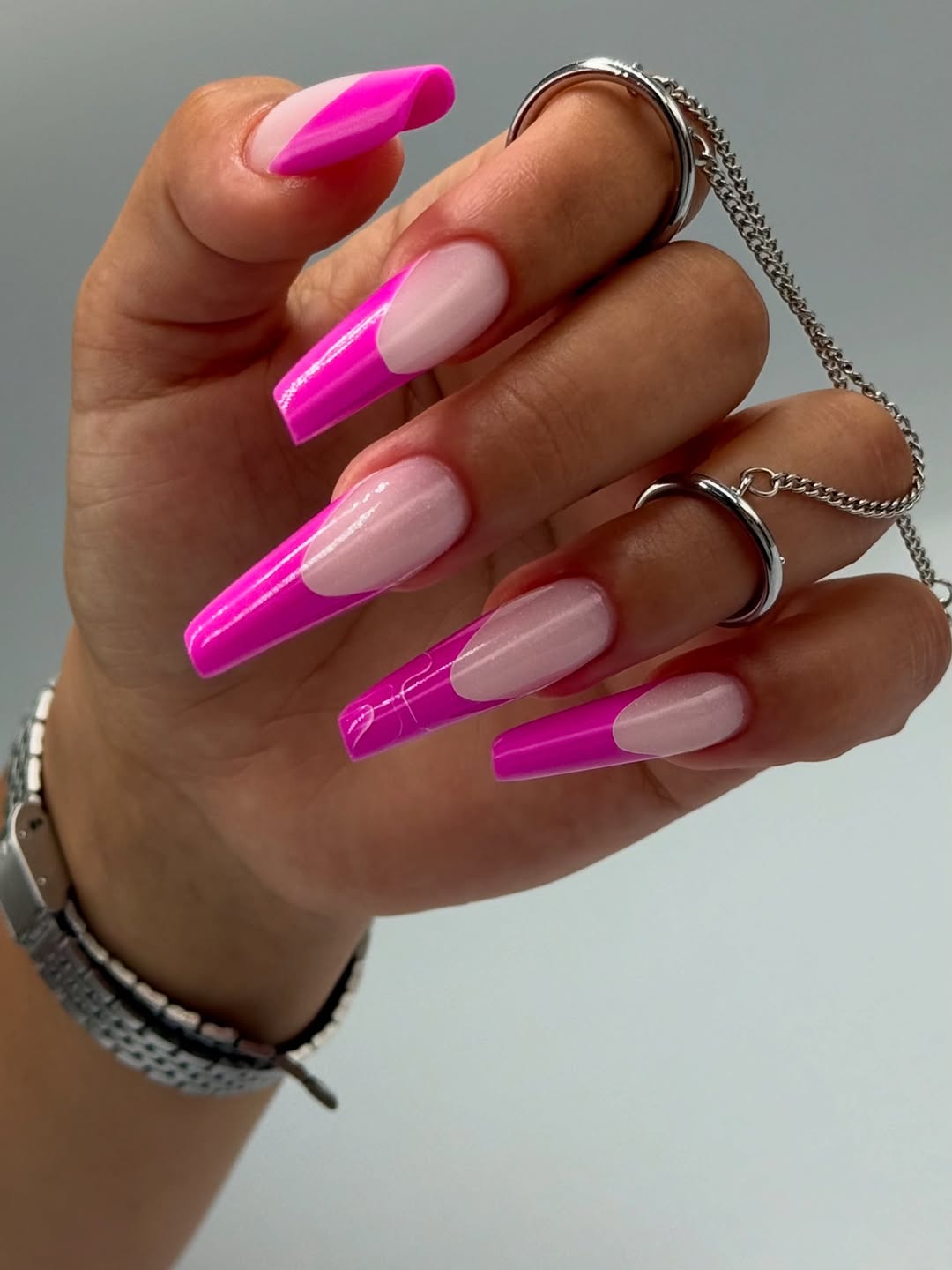 Hot Pink V-French Tip Coffin Nails