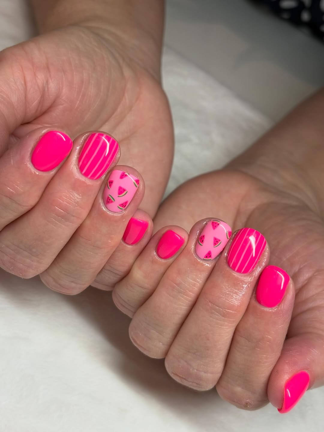 Hot Pink Watermelon Summer Squoval Nails