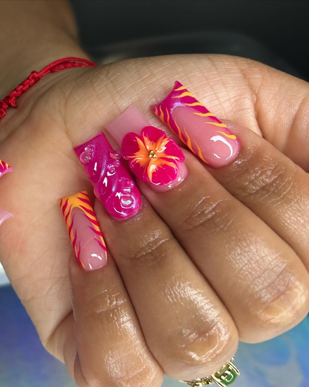 Hot Pink Wavy French Tips With 3D Floral Charm