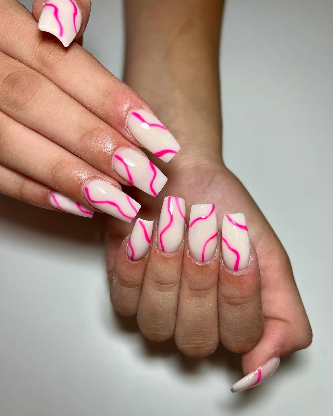 Hot Pink Wavy Swirls on Milky White Coffin Nails