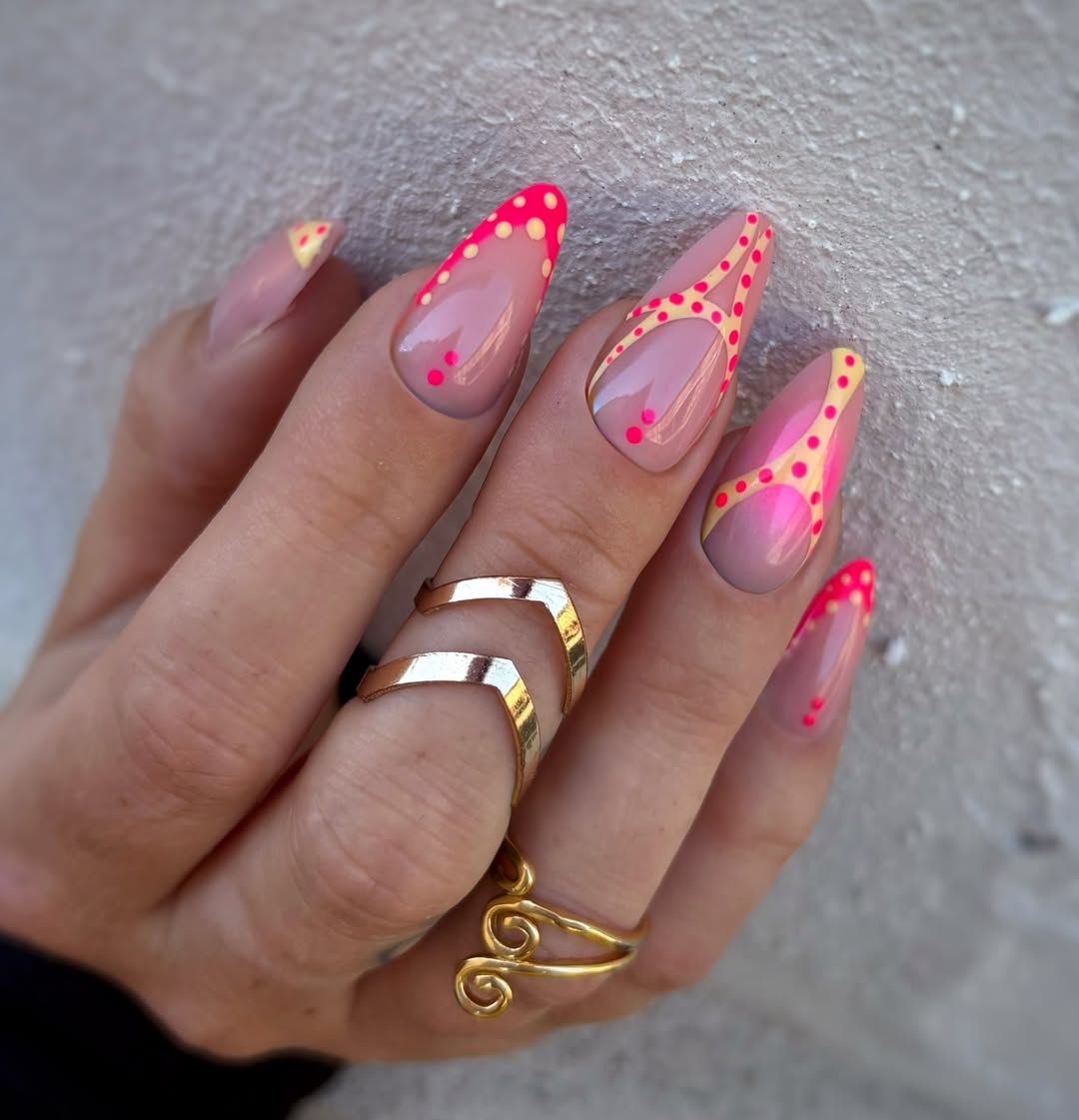 Hot Pink Yellow Dot Swirl Stiletto Nails