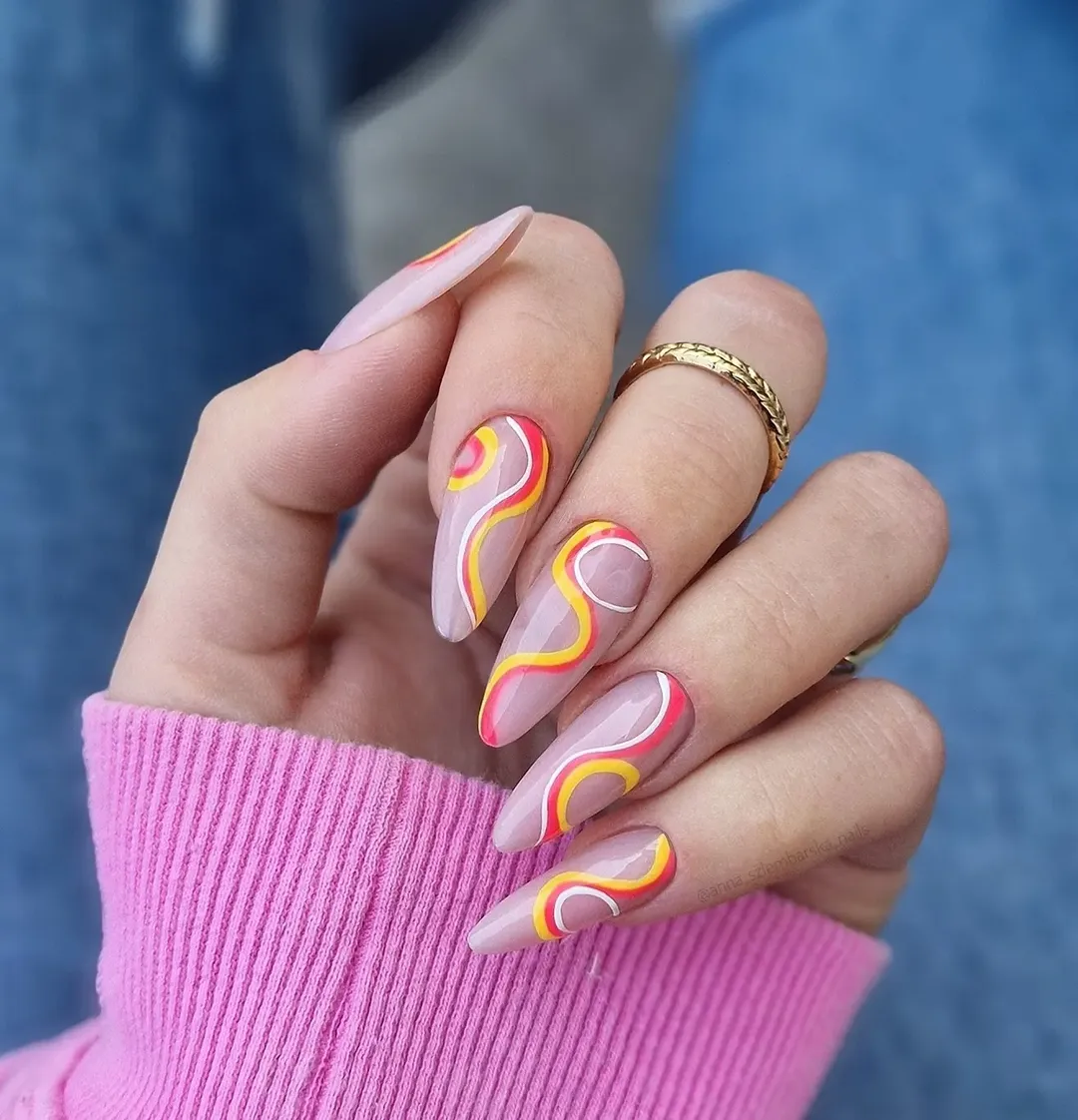 Hot Pink Yellow White Swirl Stiletto Nails